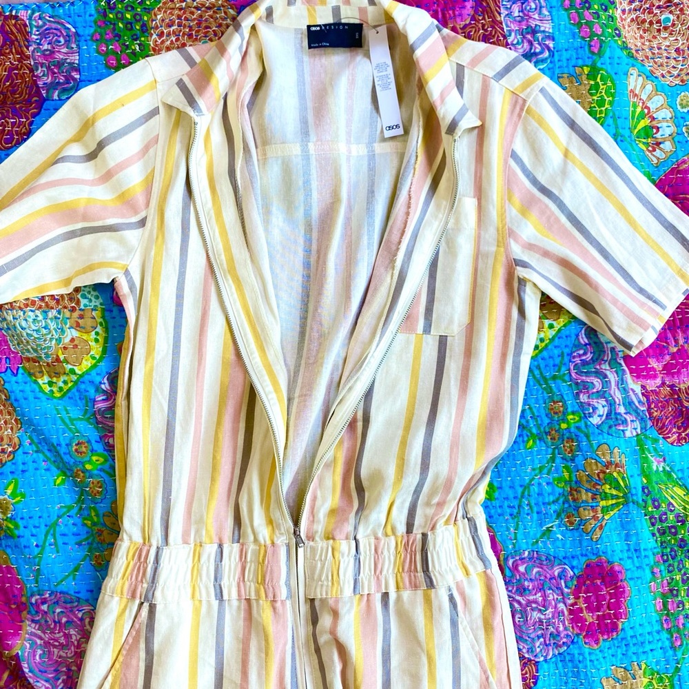 NWT ASOS Design Striped Short Sleeve Zip Up One Piece Romper - Picture 3 of 9